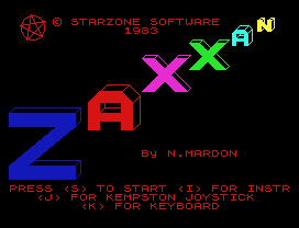 © STARZONE SOFTWARE
1983
By N.MARDON
PRESS <S> TO START <I> FOR INSTR
<J> FOR KEMPSTON JOYSTICK
<K> FOR KEYBOARD