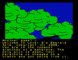 Another game? Y
Welcome to Level 9's Emerald
Isle, copyright (C) 1985.
You are in the topmost
branches of a mangrove. The
only exit is down. Your
parachute is snagged on a
branch and you swing from it,