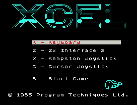 K - Keyboard
Z - Zx Interface 2
X - Kempston Joystick
C - Cursor Joystick
S - Start Game
© 1985 Program Techniques Ltd.