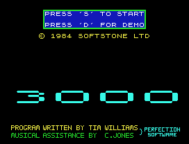 PRESS 'S' TO START
PRESS 'D' FOR DEMO
© 1984 SOFTSTONE LTD